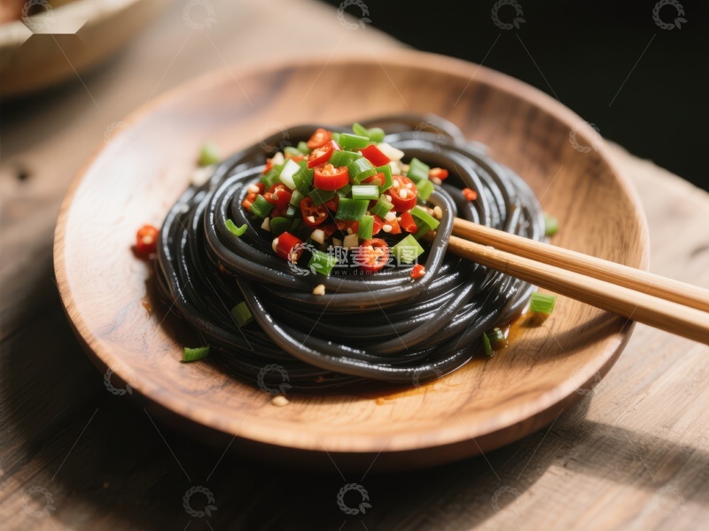 黑米面条配青红辣椒