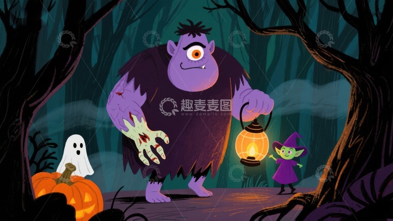 高清大图下载【趣麦麦图】万圣节森林中的怪物与小巫师
