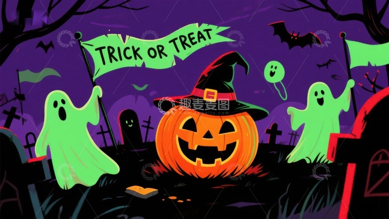 高清大图下载【趣麦麦图】万圣节南瓜灯与幽灵的夜景