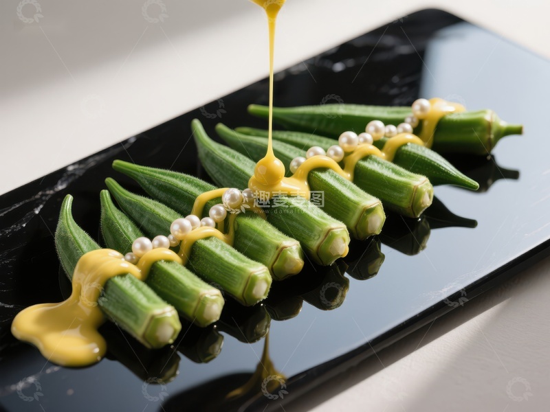 高清大图下载【趣麦麦图】秋葵配珍珠酱，精致摆盘