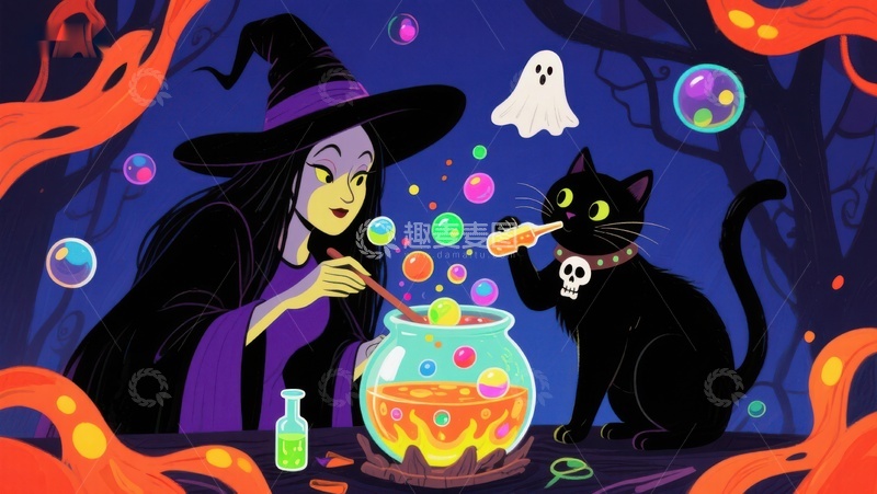 高清大图下载【趣麦麦图】万圣夜巫师与黑猫的魔法时刻