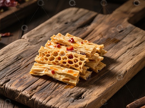 香辣蜂巢糕点，木质砧板上的美味