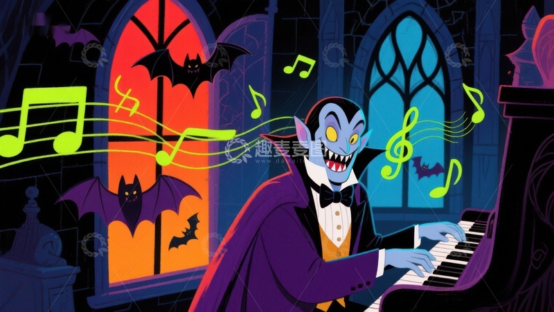 高清大图下载【趣麦麦图】吸血鬼弹奏钢琴，音符飞舞
