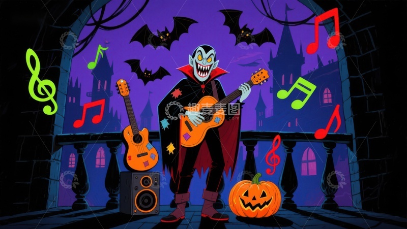 高清大图下载【趣麦麦图】吸血鬼弹吉他，万圣节音乐派对