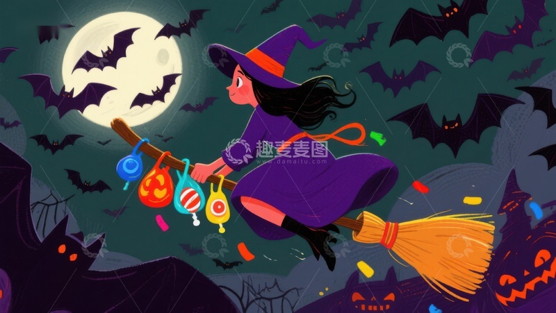 高清大图下载【趣麦麦图】万圣夜巫女飞行