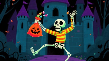 骷髅手持糖果袋，城堡背景的万圣节场景