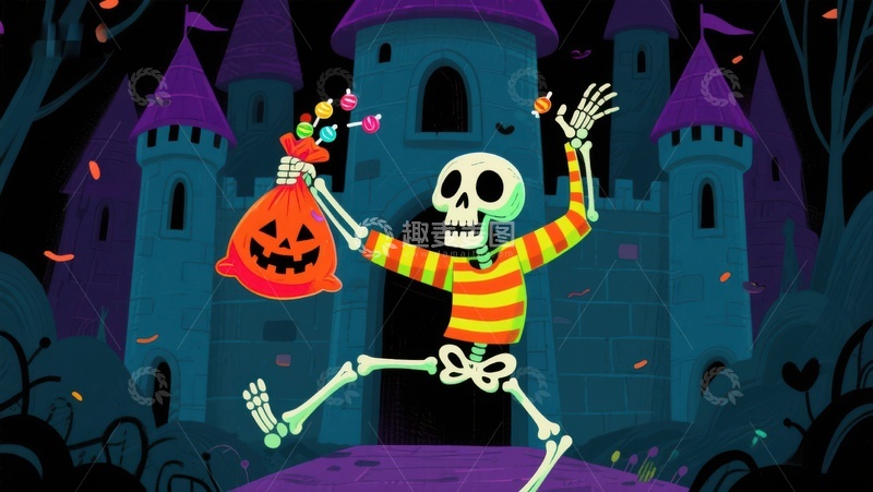 高清大图下载【趣麦麦图】骷髅手持糖果袋，城堡背景的万圣节场景