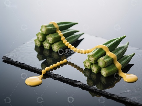 秋葵配黄色酱汁的艺术摆盘