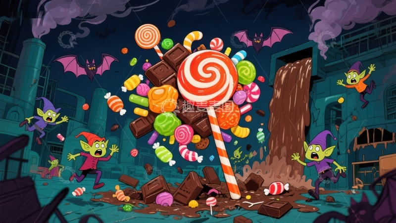 高清大图下载【趣麦麦图】-糖果工厂夜景：小怪兽的甜蜜狂欢
