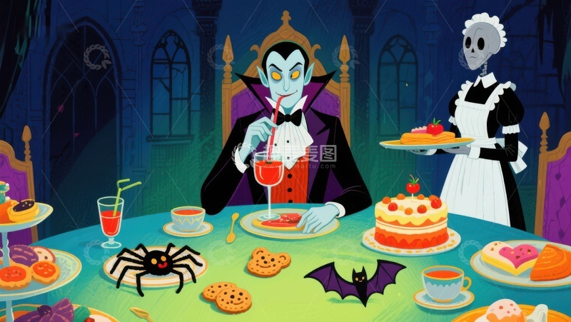 吸血鬼与骷髅仆人在古堡享用甜点