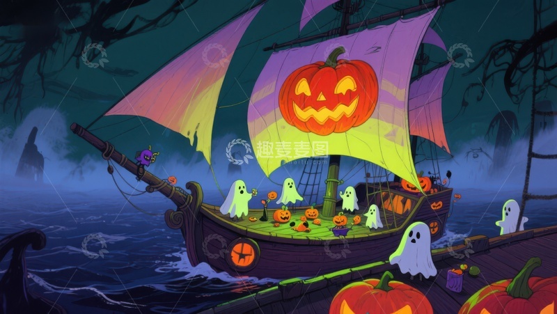 高清大图下载【趣麦麦图】万圣节幽灵海盗船夜航