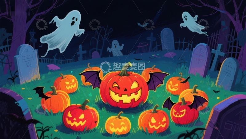 高清大图下载【趣麦麦图】万圣节墓地南瓜灯与幽灵