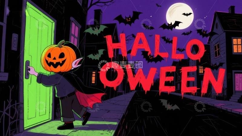 高清大图下载【趣麦麦图】万圣夜童趣：南瓜灯小孩敲门