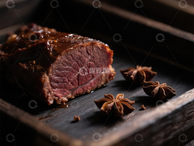 高清大图下载【趣麦麦图】烤牛肉配八角，木质托盘上的美食