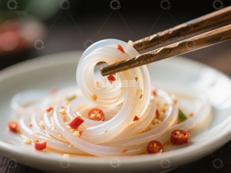 高清大图下载【趣麦麦图】筷子夹起透明粉丝，配以辣椒点缀