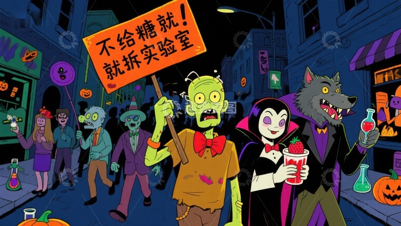 高清大图下载【趣麦麦图】万圣节夜游，僵尸与怪物欢聚一堂
