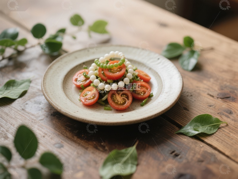 高清大图下载【趣麦麦图】精致番茄珍珠沙拉，木质桌面装饰