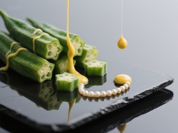 秋葵淋上黄色酱汁的特写