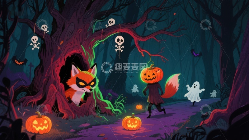 高清大图下载【趣麦麦图】万圣节森林中的狐狸与南瓜灯