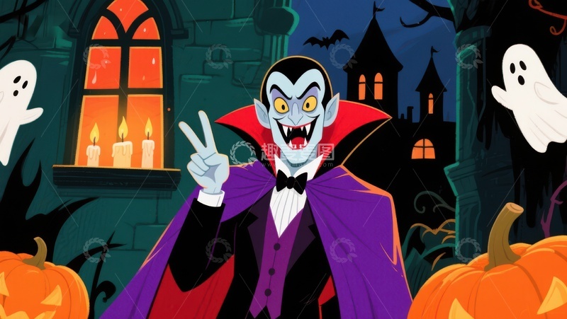 高清大图下载【趣麦麦图】吸血鬼在万圣节城堡前微笑
