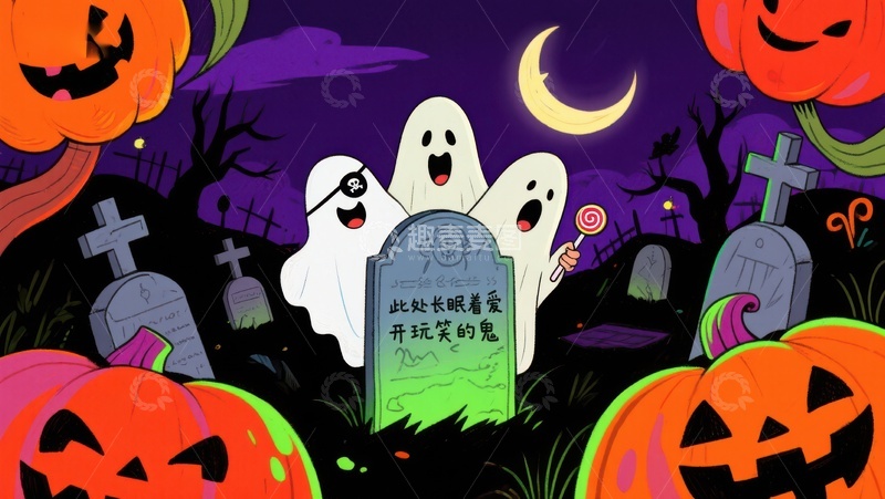 高清大图下载【趣麦麦图】万圣节幽灵墓地夜景插画