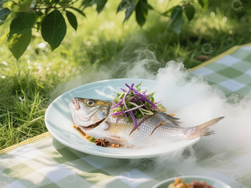 高清大图下载【趣麦麦图】清蒸鱼配紫苏，烟雾缭绕的户外美食