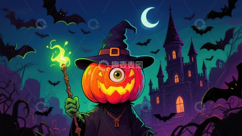 高清大图下载【趣麦麦图】万圣节南瓜巫师夜景