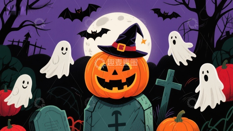 高清大图下载【趣麦麦图】万圣节南瓜灯与幽灵的夜景