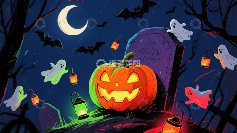 高清大图下载【趣麦麦图】万圣夜墓地南瓜灯与幽灵
