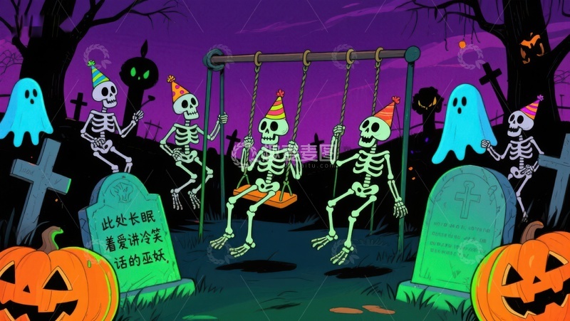 高清大图下载【趣麦麦图】万圣节墓地骷髅欢乐场景