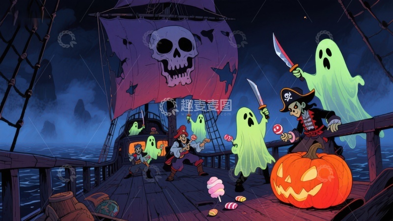 高清大图下载【趣麦麦图】万圣节海盗船上的幽灵与糖果