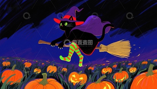 万圣夜猫巫骑扫帚飞过南瓜田