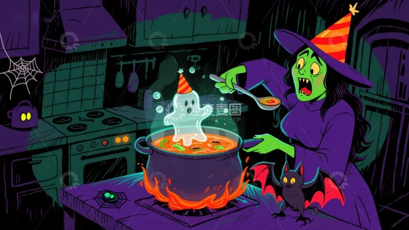 高清大图下载【趣麦麦图】-女巫厨房：魔法汤与小幽灵