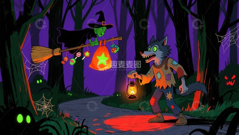 高清大图下载【趣麦麦图】万圣节森林中的巫婆与狼人