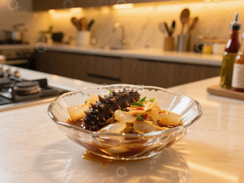 高清大图下载【趣麦麦图】海参炖菜置于现代厨房台面