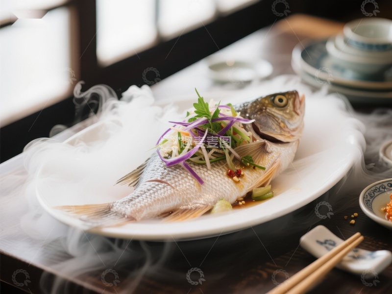 高清大图下载【趣麦麦图】清蒸鱼配紫洋葱与香菜，烟雾缭绕