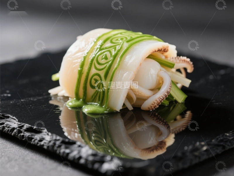精致鱿鱼料理，绿色酱汁点缀