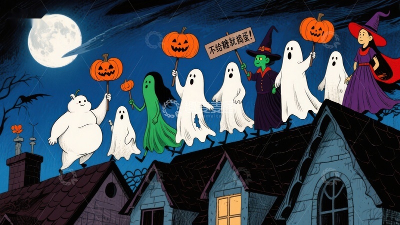 高清大图下载【趣麦麦图】万圣节夜景：幽灵与巫师屋顶狂欢