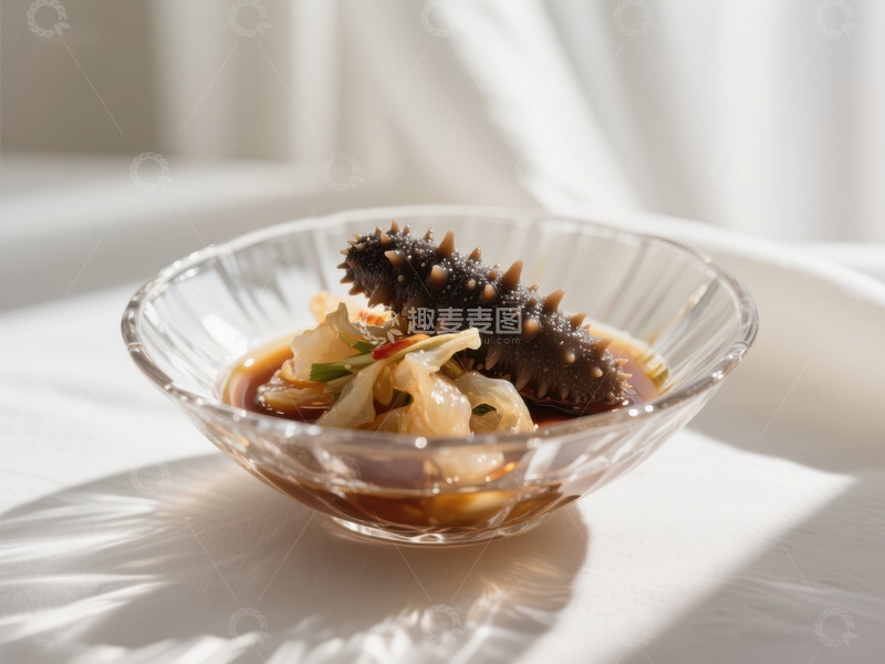高清大图下载【趣麦麦图】海参拌菜，精致玻璃碗中呈现