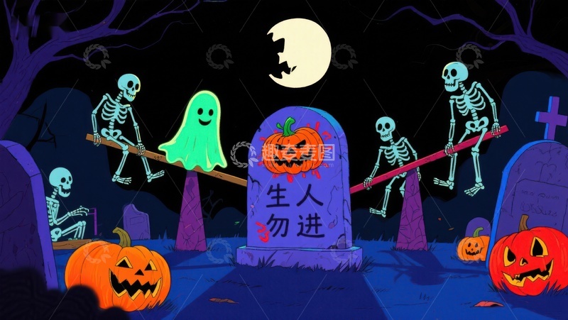 高清大图下载【趣麦麦图】万圣节墓地夜景：骷髅与幽灵的趣味互动