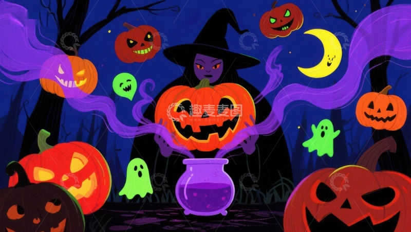高清大图下载【趣麦麦图】万圣节女巫与南瓜灯的魔法夜