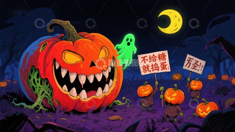 高清大图下载【趣麦麦图】万圣节南瓜灯与幽灵的夜景