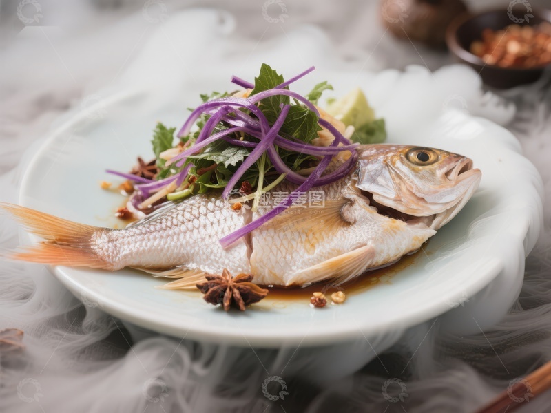 高清大图下载【趣麦麦图】精致蒸鱼配紫洋葱与香菜