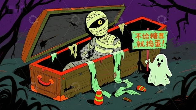万圣节木乃伊与幽灵的糖果争夺战