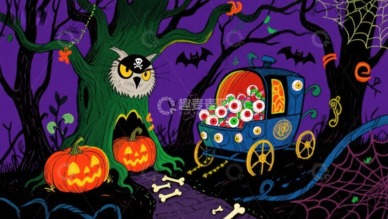高清大图下载【趣麦麦图】万圣节糖果马车与南瓜树