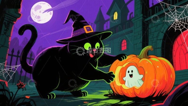 高清大图下载【趣麦麦图】万圣夜黑猫与南瓜灯