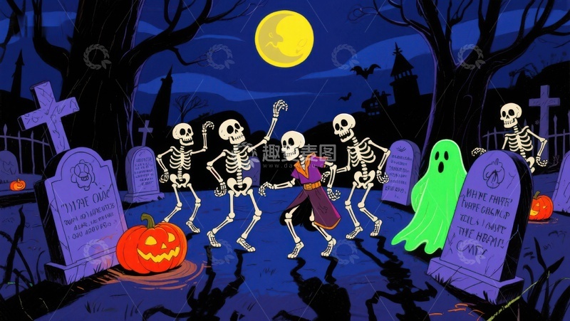高清大图下载【趣麦麦图】万圣夜墓地骷髅舞会
