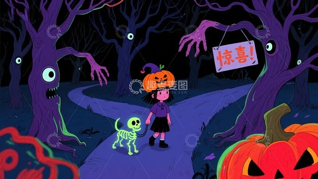 万圣节夜景：女孩与骷髅宠物的奇幻冒险