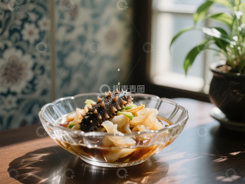 高清大图下载【趣麦麦图】精致海参拌菜，阳光洒落的餐桌