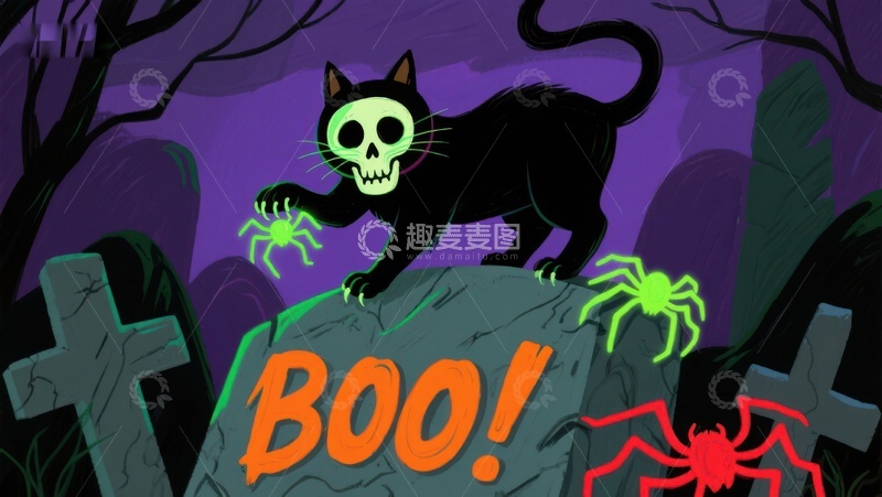 高清大图下载【趣麦麦图】万圣节骷髅猫与墓地